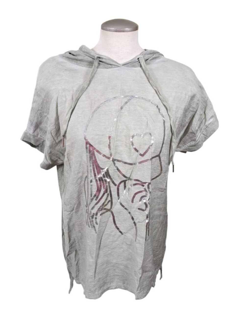 Womens Hoodie Relaxed Top Silver Foil Fashion Graphic Artsy Cotton Blend Italy